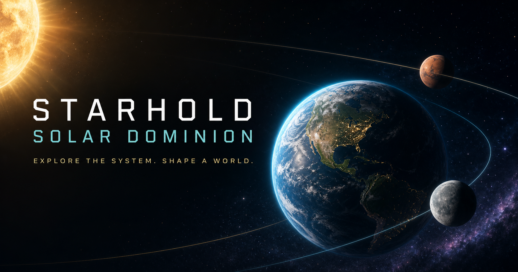 Starhold Solar Dominion campaign artwork featuring Earth, the Sun, Mars, and the Moon